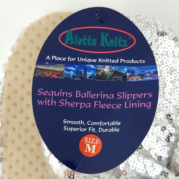 ⭐️3/ $30⭐️Alotta Knitts Women's Silver Sequins Ballerina Slippers Sherpa Sz M - Picture 7 of 8